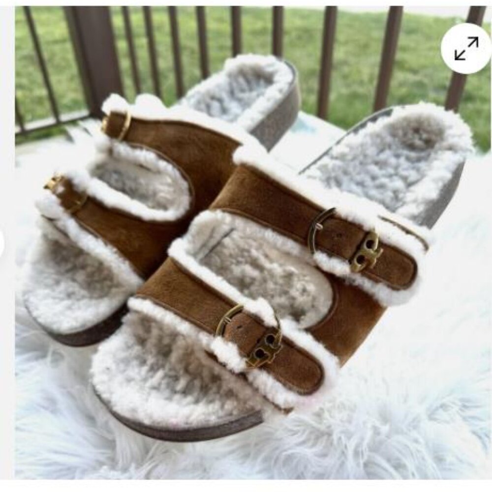 Tory Burch Anatomic Shearling Slides US 10 Sherpa 2 Strap Sandals Luxury - Picture 2 of 6